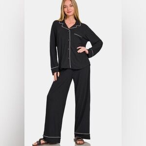 Zenana Outfitters Black Pajama Set with White Trim